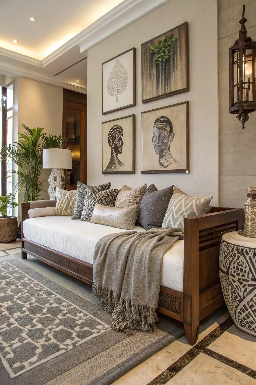 Modern art pieces provide a striking background for a contemporary daybed.