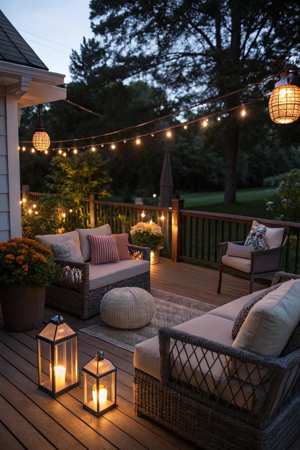A deck illuminated for snug and alluring evenings.