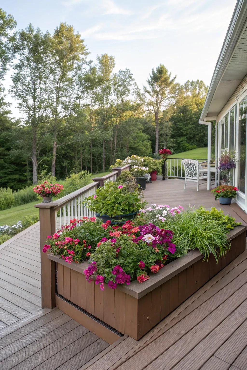 Raised flower beds infuse eco-friendly style into deck skirting.