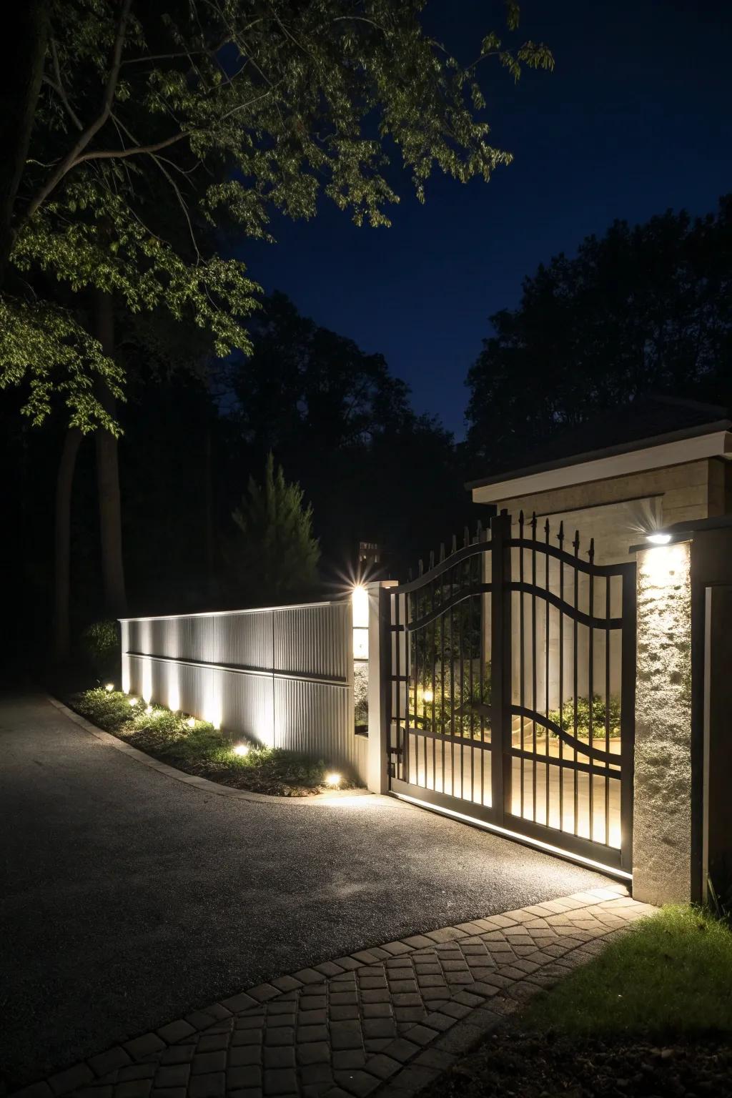 LED lighting adds a magical touch to modern driveway gates.