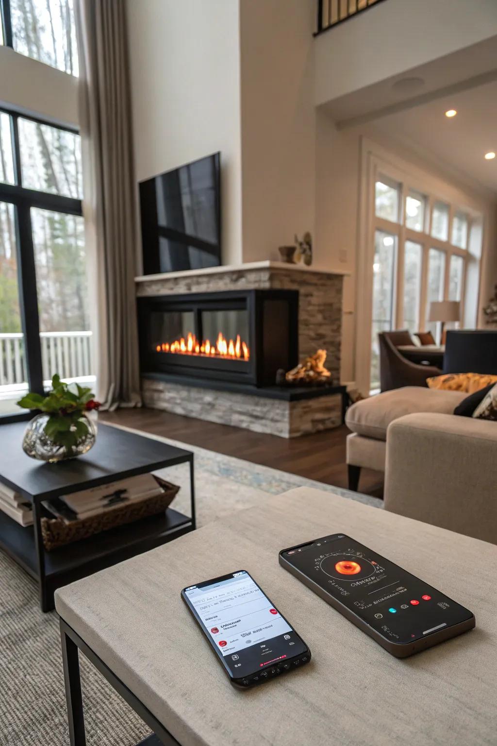 A modern living space where the electric fireplace is easily managed via smartphone.