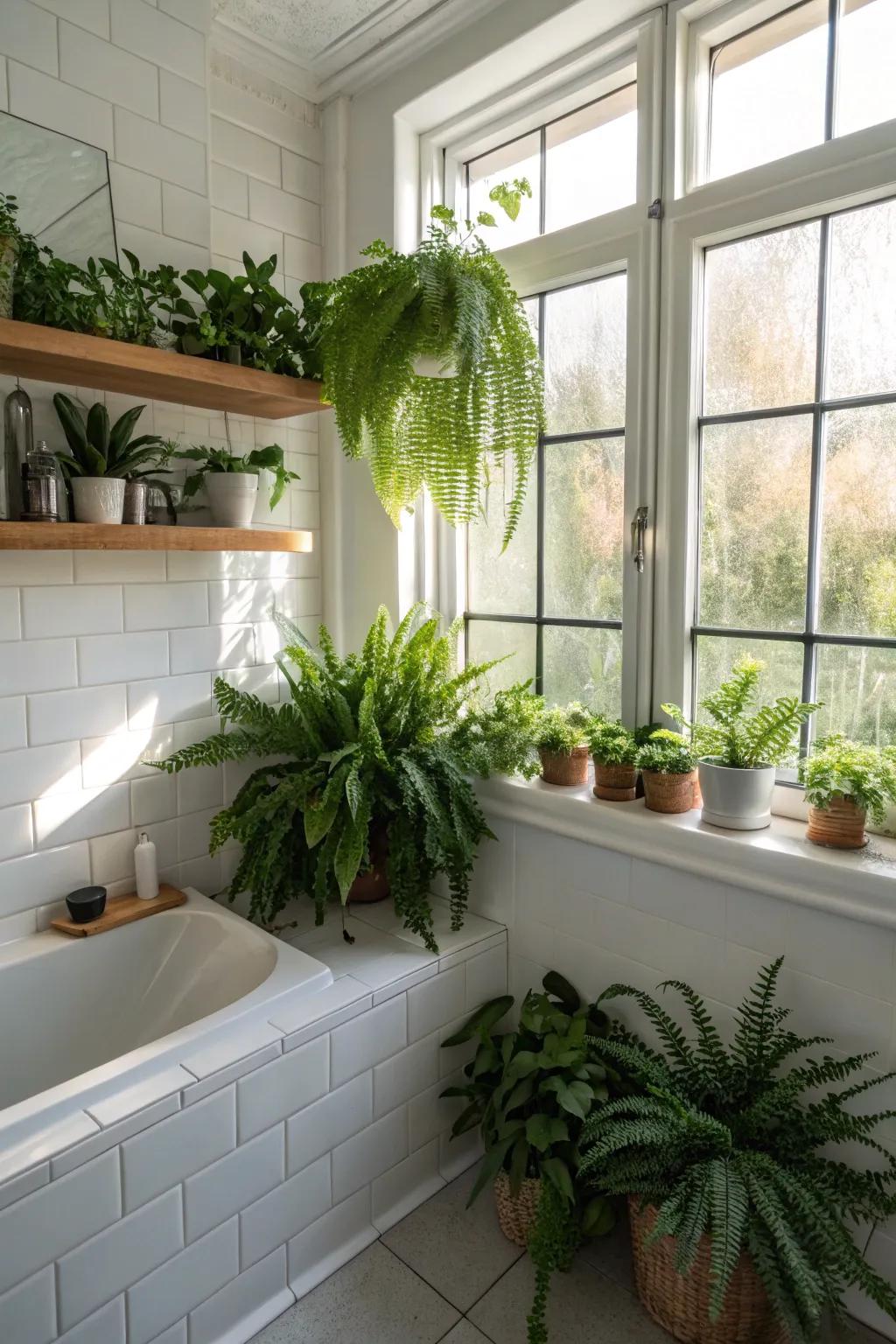 Greenery adds a revitalizing splash of nature to the bathroom.