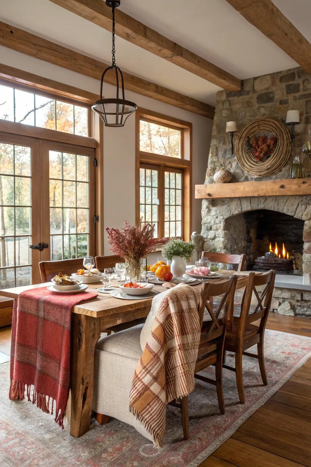 Comfort and style meet in a cozy farmhouse dining room.