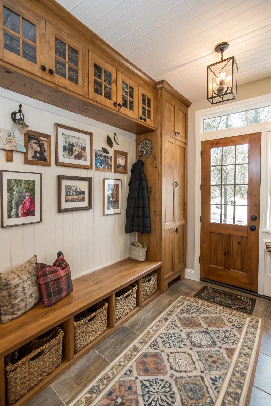 Personalized mudroom featuring family photos and art pieces.