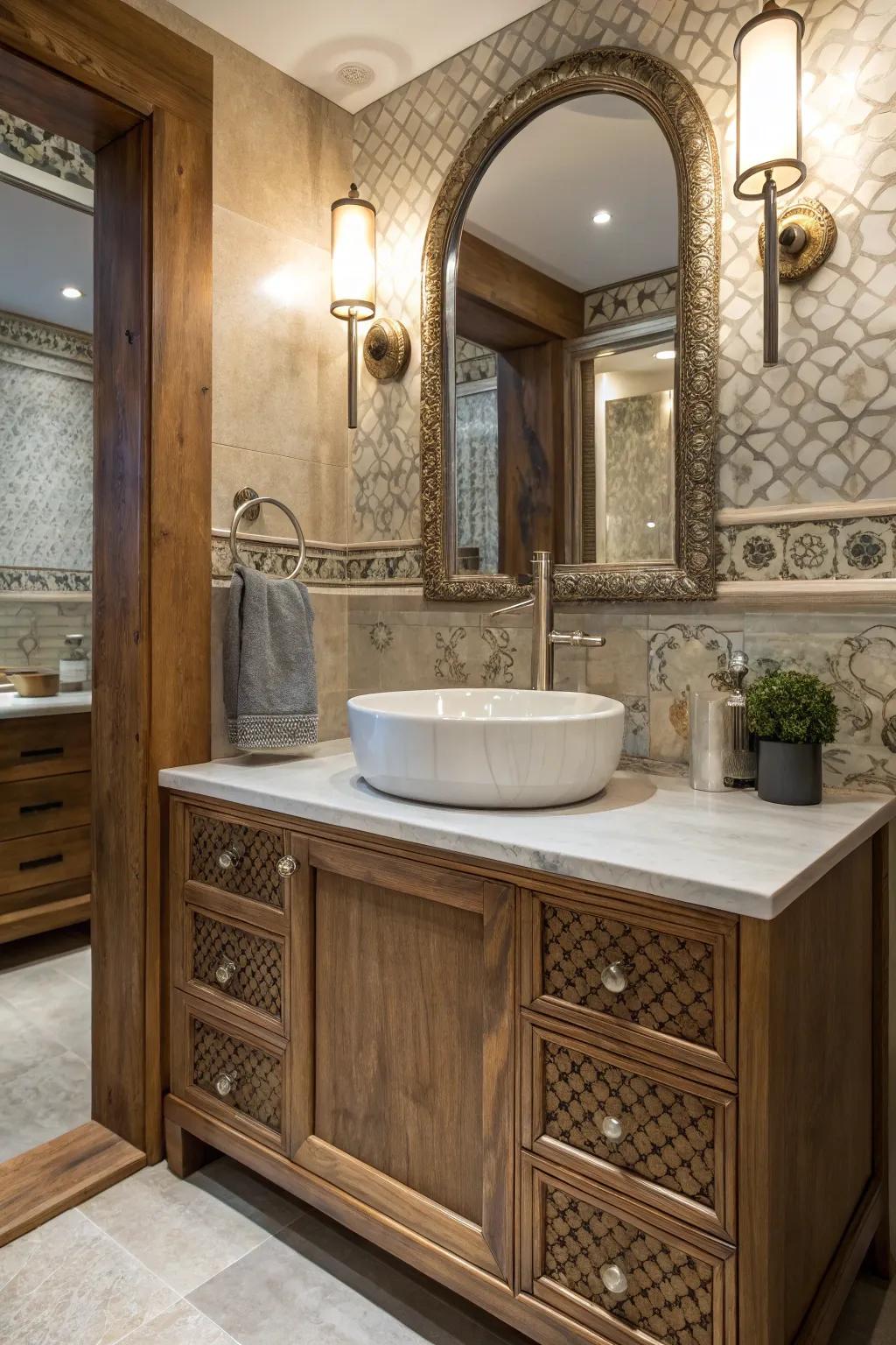 A merging of wood, metal, and ceramic textures within a washroom.