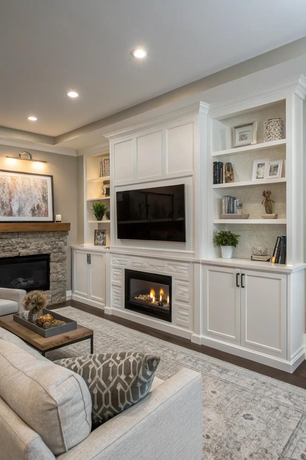 Bespoke storage offers elegant storage solutions surrounding a fireplace and TV.