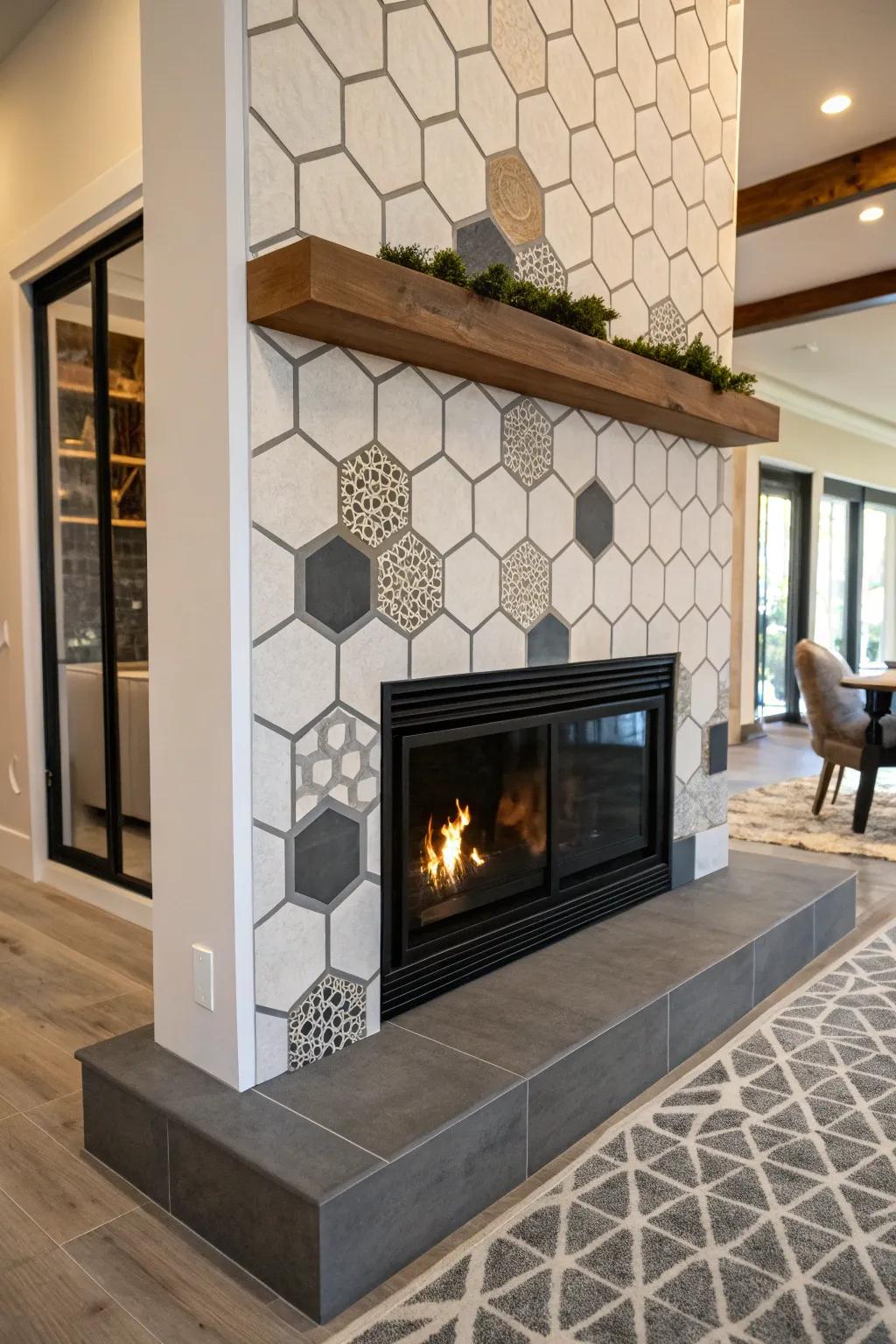 A fireplace showcasing a symmetrical hexagonal tile pattern.