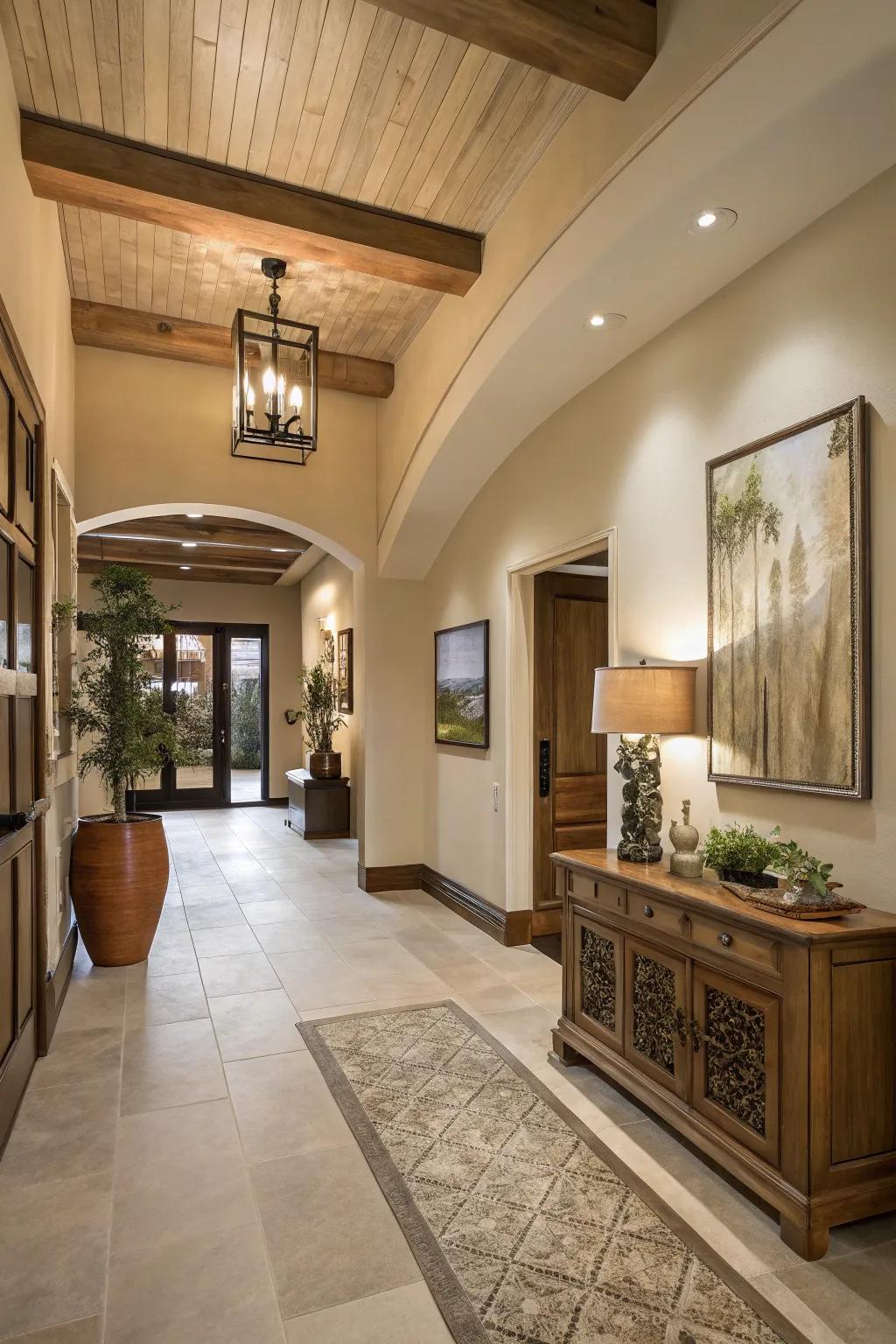 A neutral color scheme provides a timeless elegance to the entrance hall.
