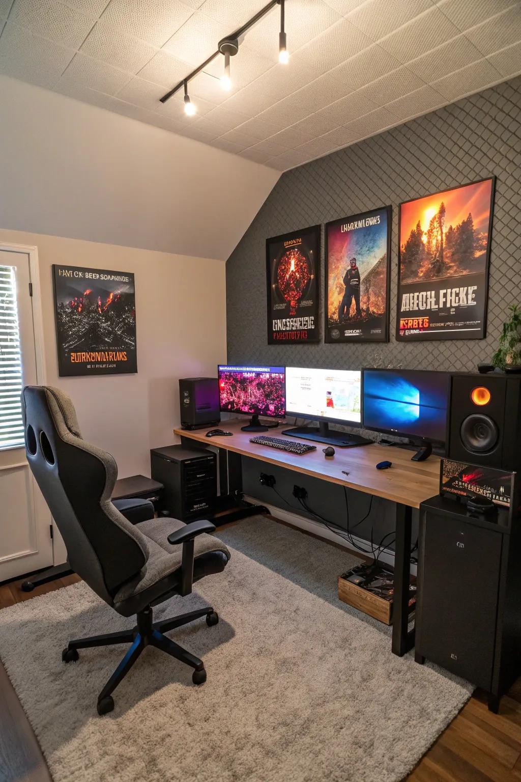 A gaming chamber equipped with acoustic boards for enhanced sound quality.
