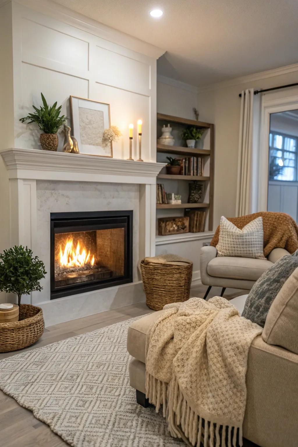 A gas fireplace in the corner creating a snug atmosphere.