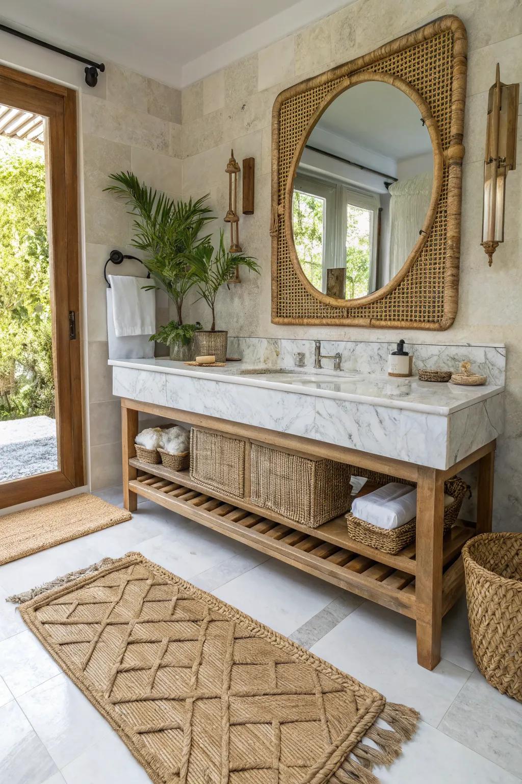 A bathroom showcasing a blend of textures via marble and rattan elements.