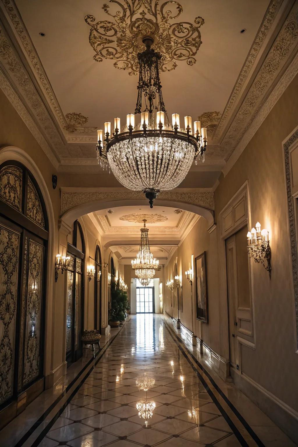 Showpiece chandeliers make a memorable statement in hallways.