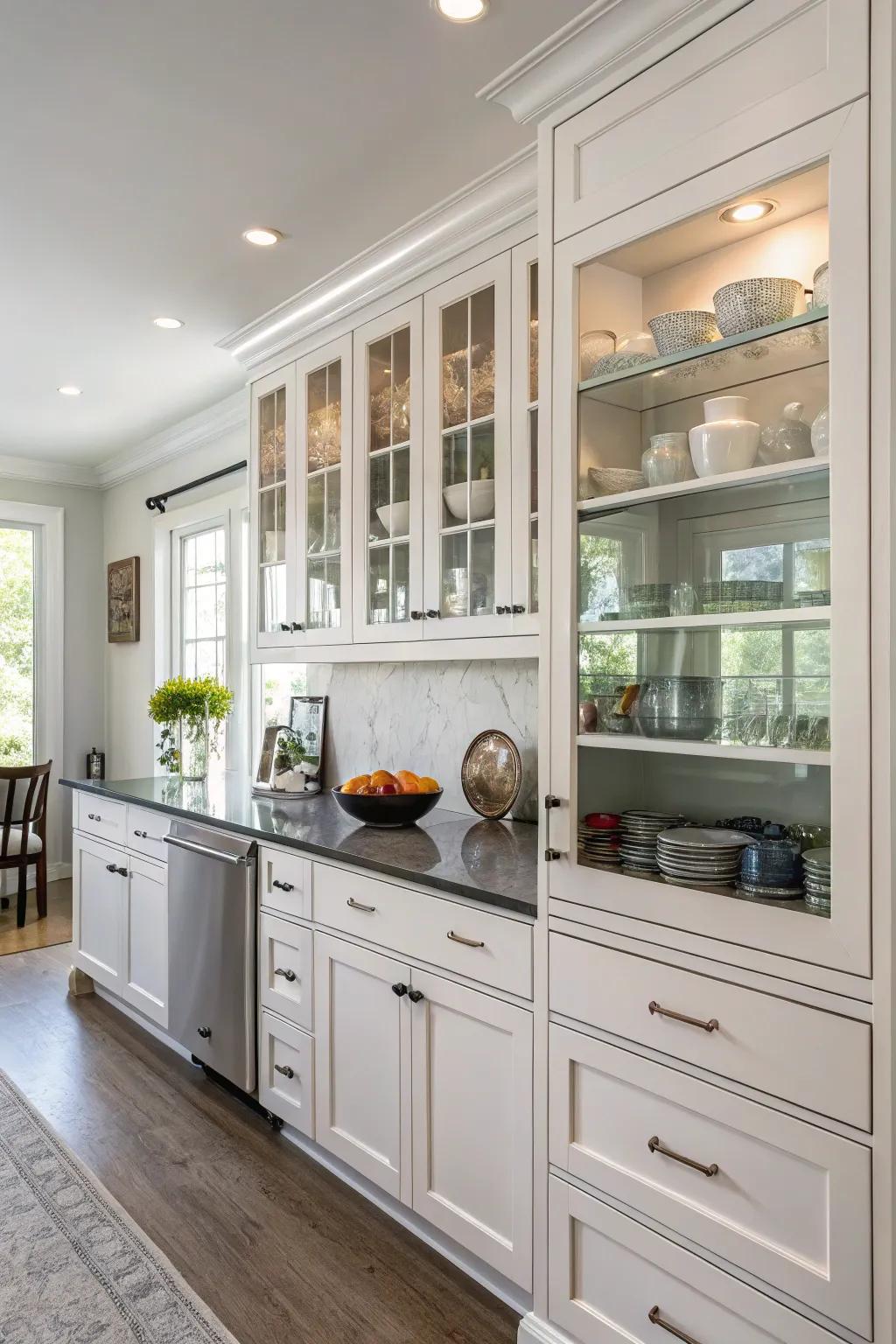 Glass facade cabinets show off kitchenware beautifully.