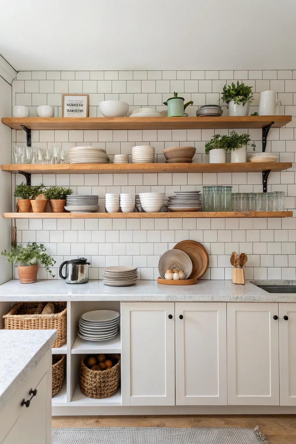 Display shelves with a tile background for a personal touch.