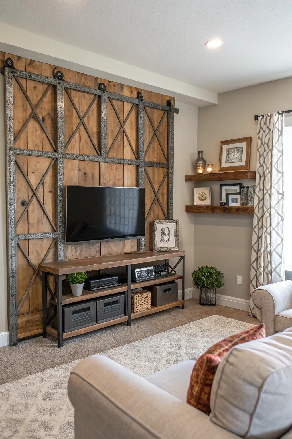 A mixed media setup adds texture and intrigue to the modern family room.