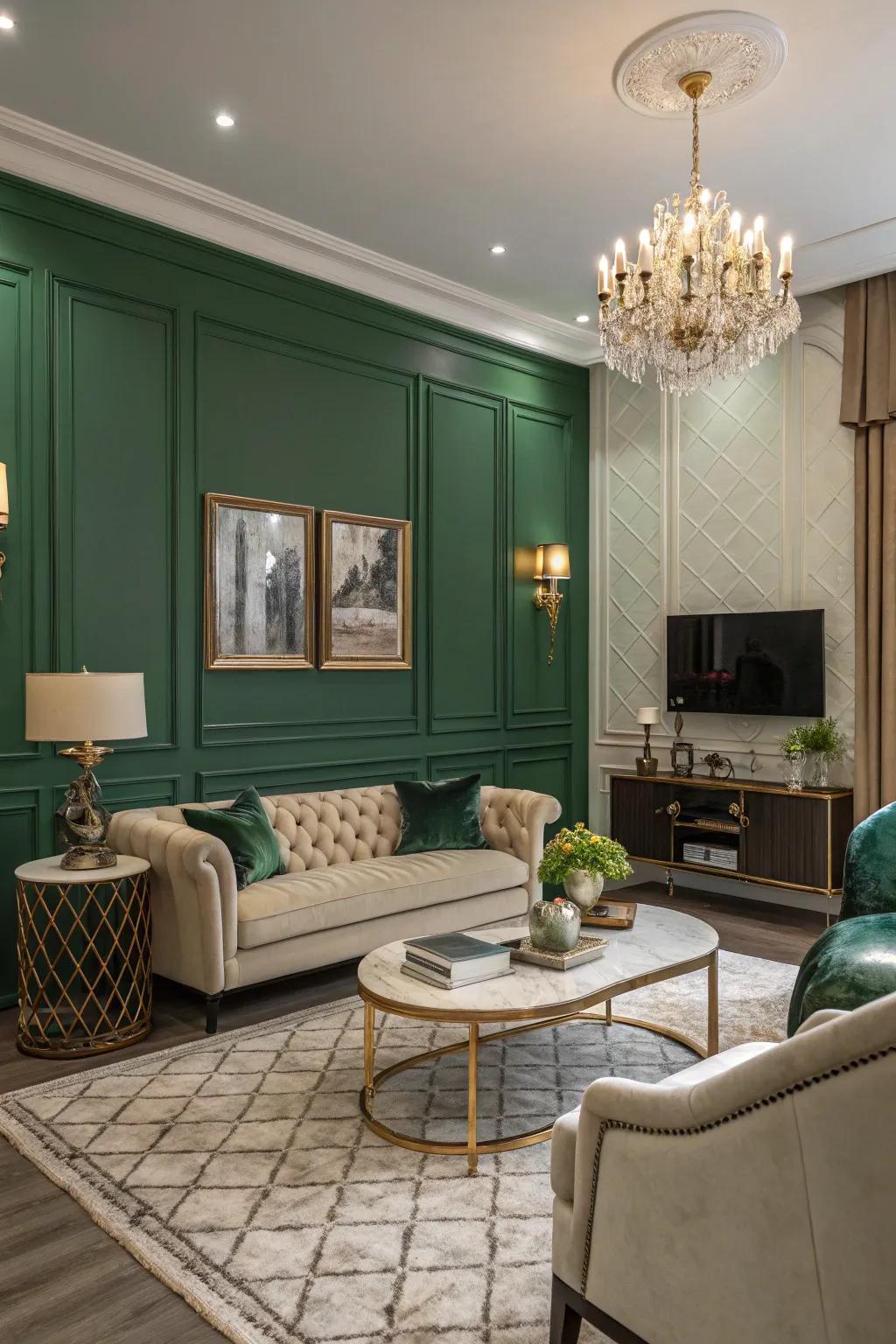 Intense green walls bring a sense of luxury to this stylish living area.