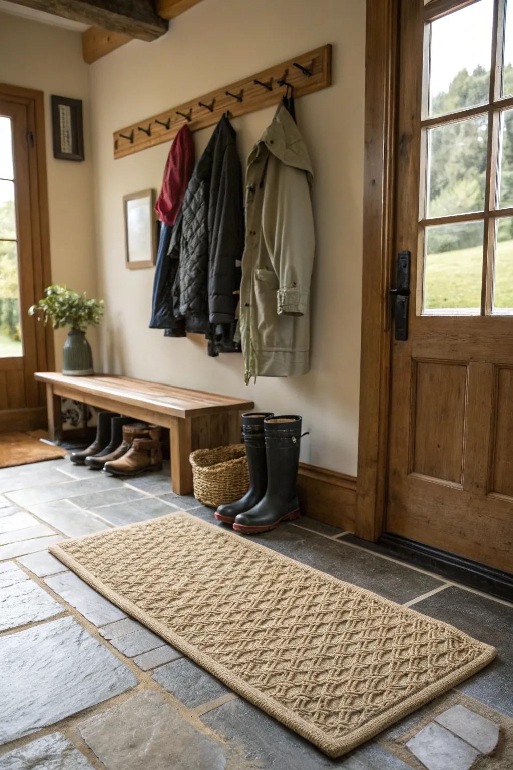 Your mudroom will be cozier and more stylish with a woven rug.