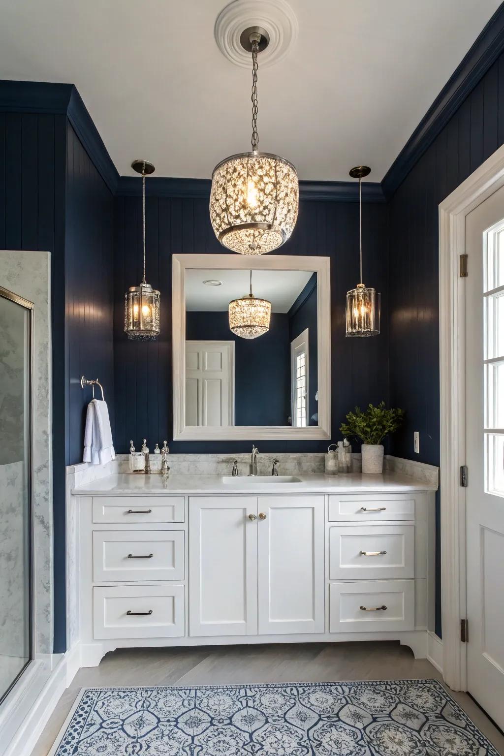 Stylish illumination elevates the modern vibe of deep sea blue bathrooms.