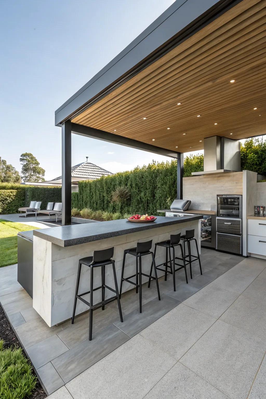 Integrated seating welcoming socializing in an inviting cooking area setting.