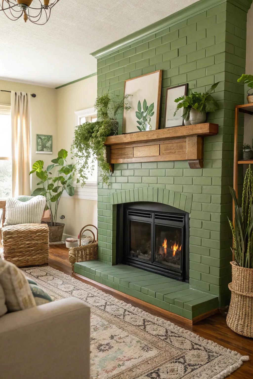 Verdant-painted brick fireplace ushers nature indoors.