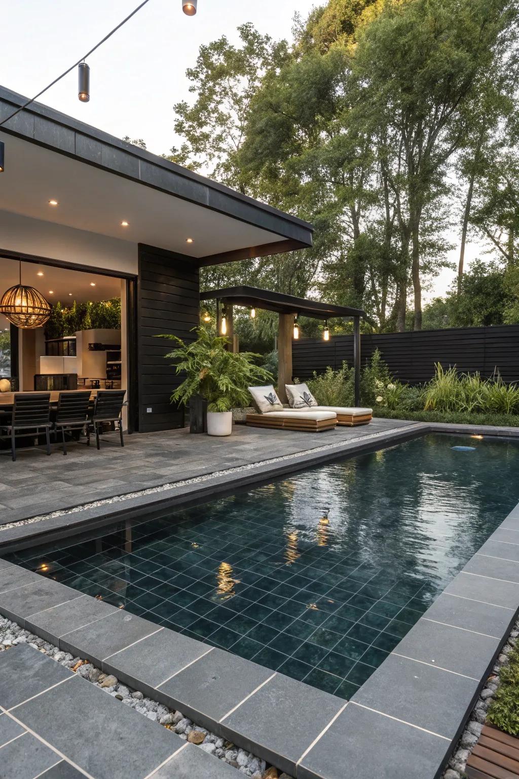 Audacious ebony tiling inject theatrics and sophistication to pool layouts.