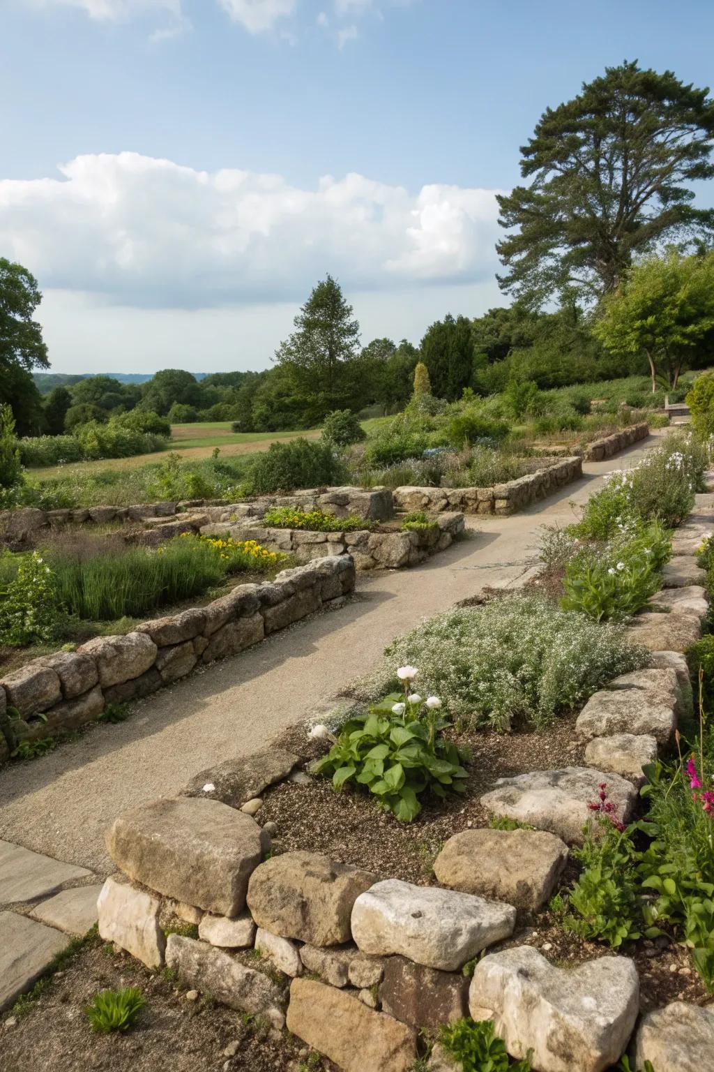 Natural fences with stones create defined and arranged garden areas.