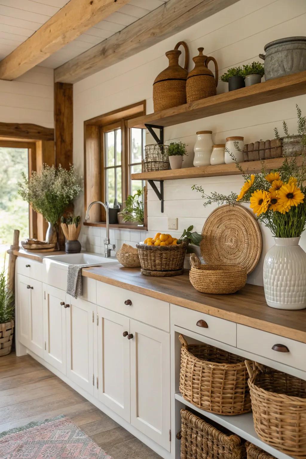 Charming country embellishments infuse warmth into this modern kitchen design.