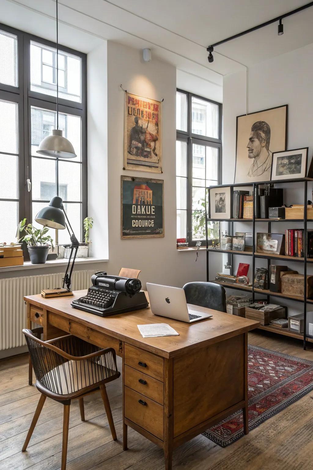 A mix of old and new elements results in a distinctive and balanced office area.