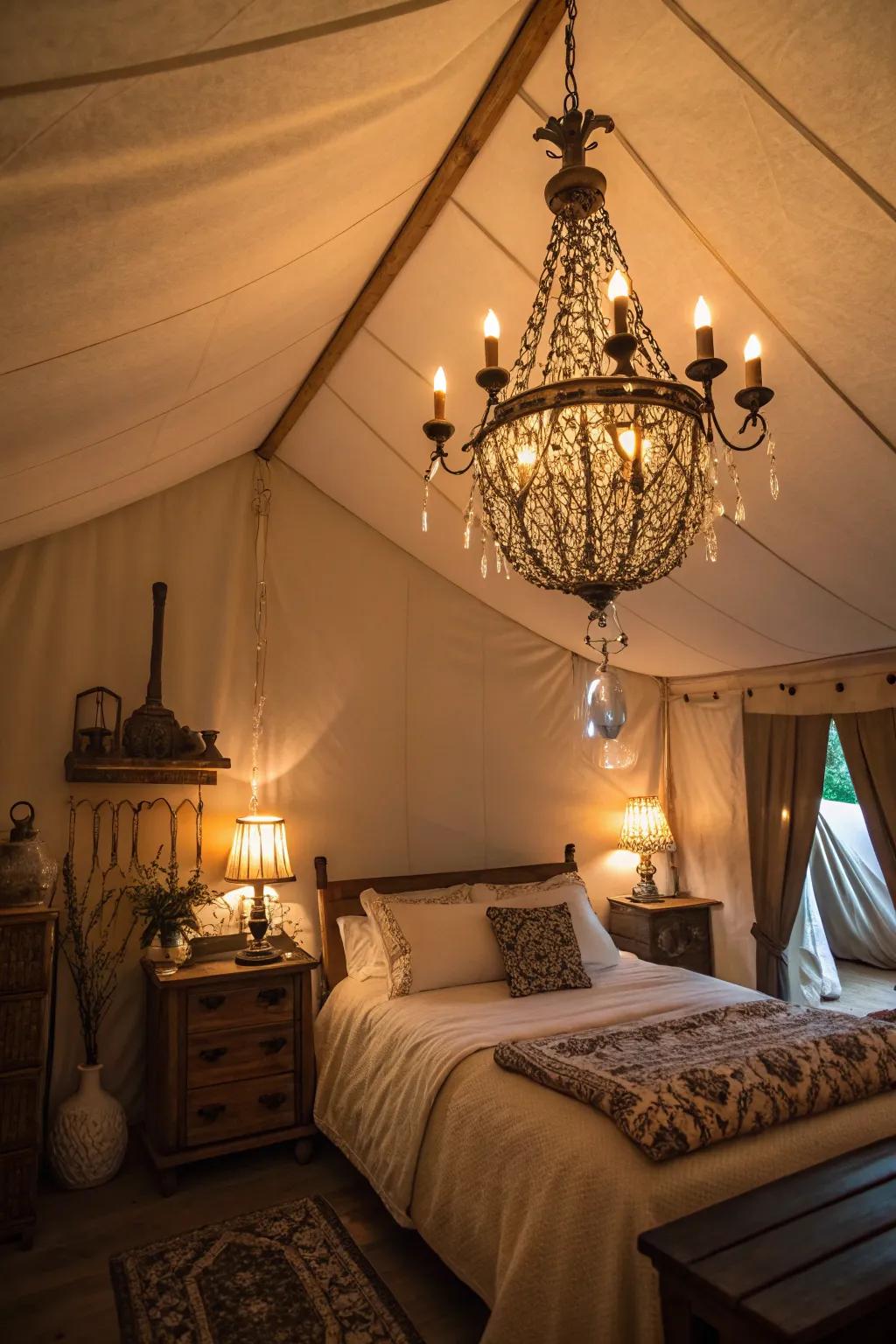 Old-style lighting adds charm and serves as a focal point in a modern-vintage bedroom.