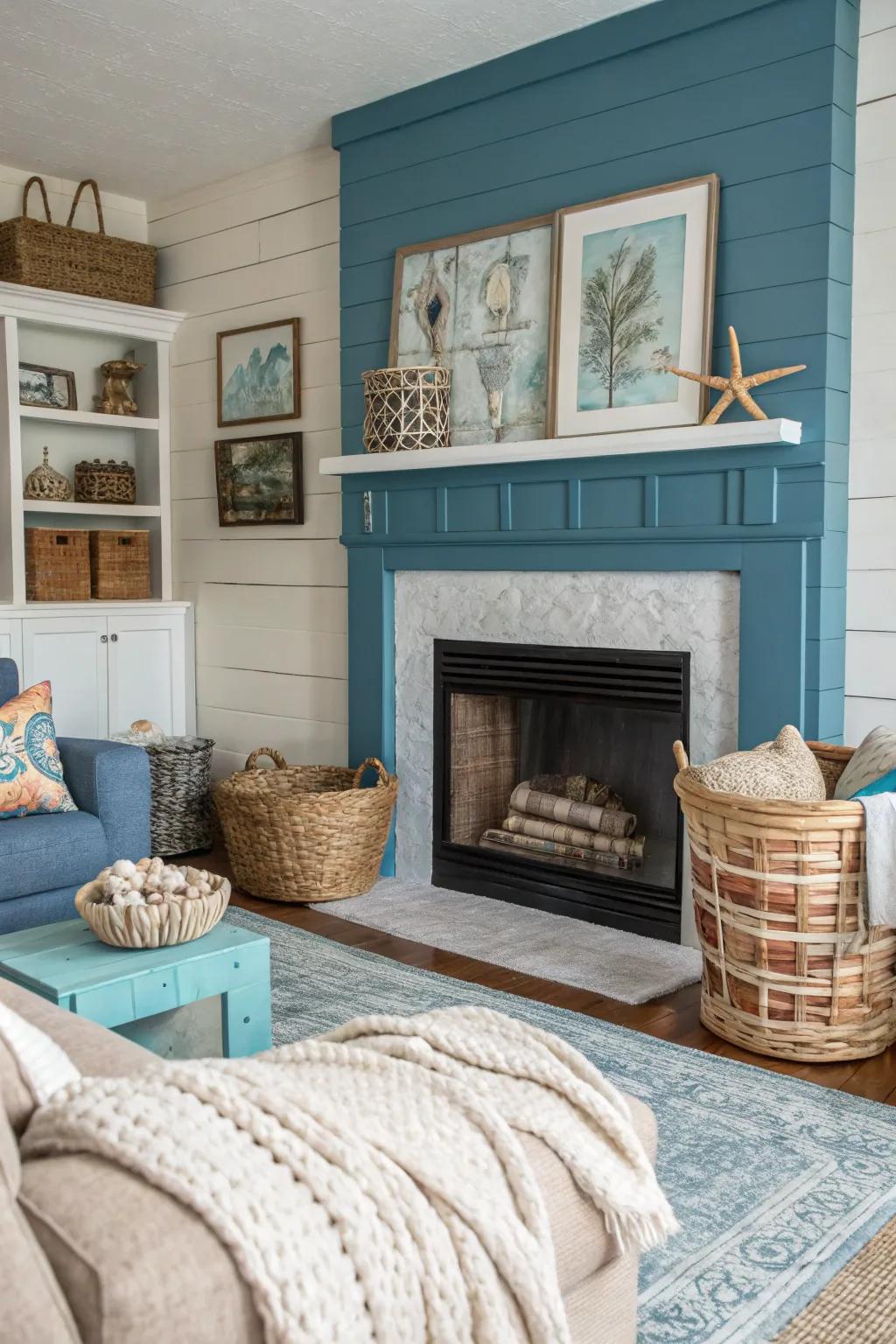 A sea blue shiplap fireplace with coastal decor.