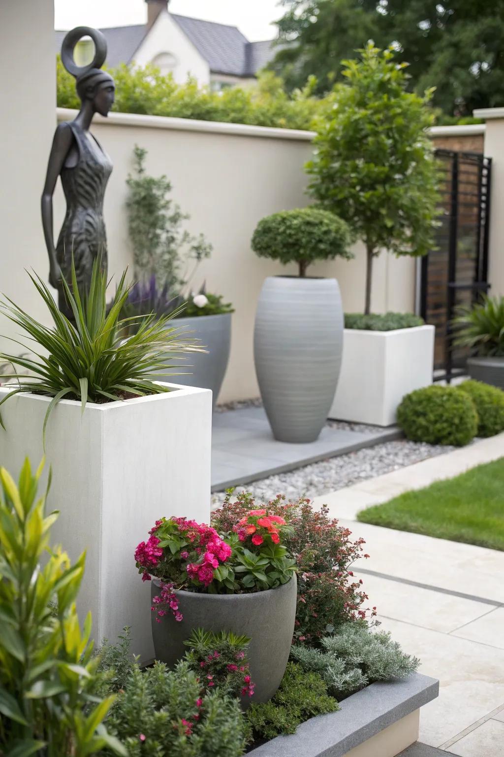 Modern decorations adding a personal touch to a small garden.