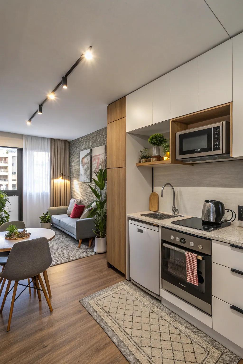 A studio featuring a sleek and compact kitchen that maximizes functionality.
