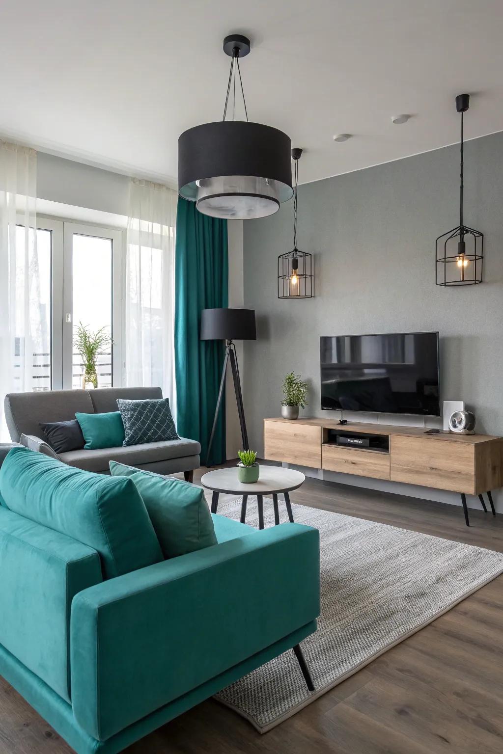 Teal and charcoal grey create a streamlined, refined living space.