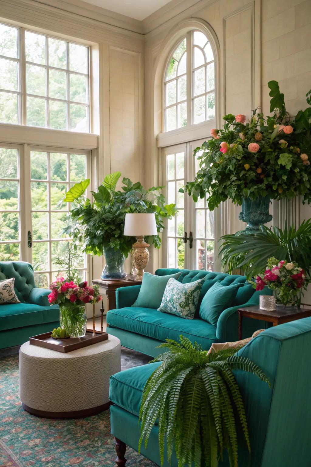 Greenery enhances teal tones, adding freshness to the living space.