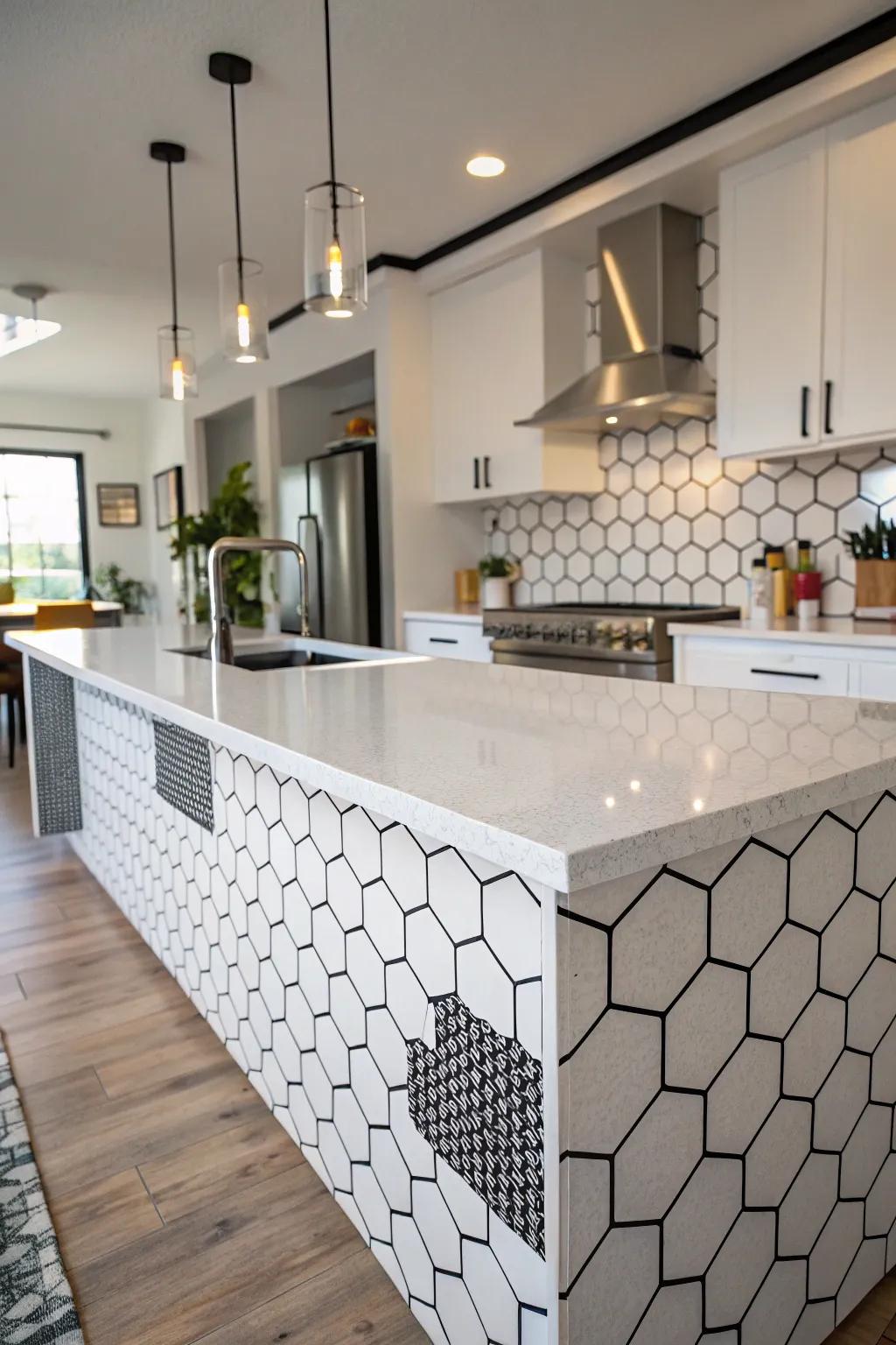 Multi-sided tiles incorporate calculated pizzazz into this modern kitchen.