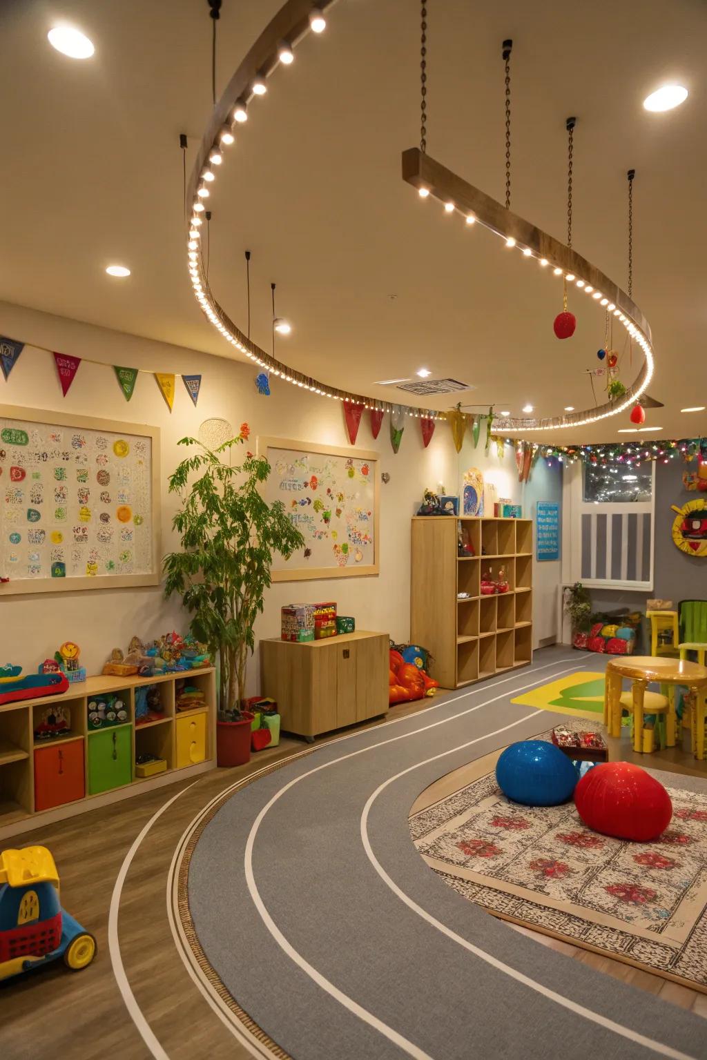 Playful kids' room featuring curved track lighting.