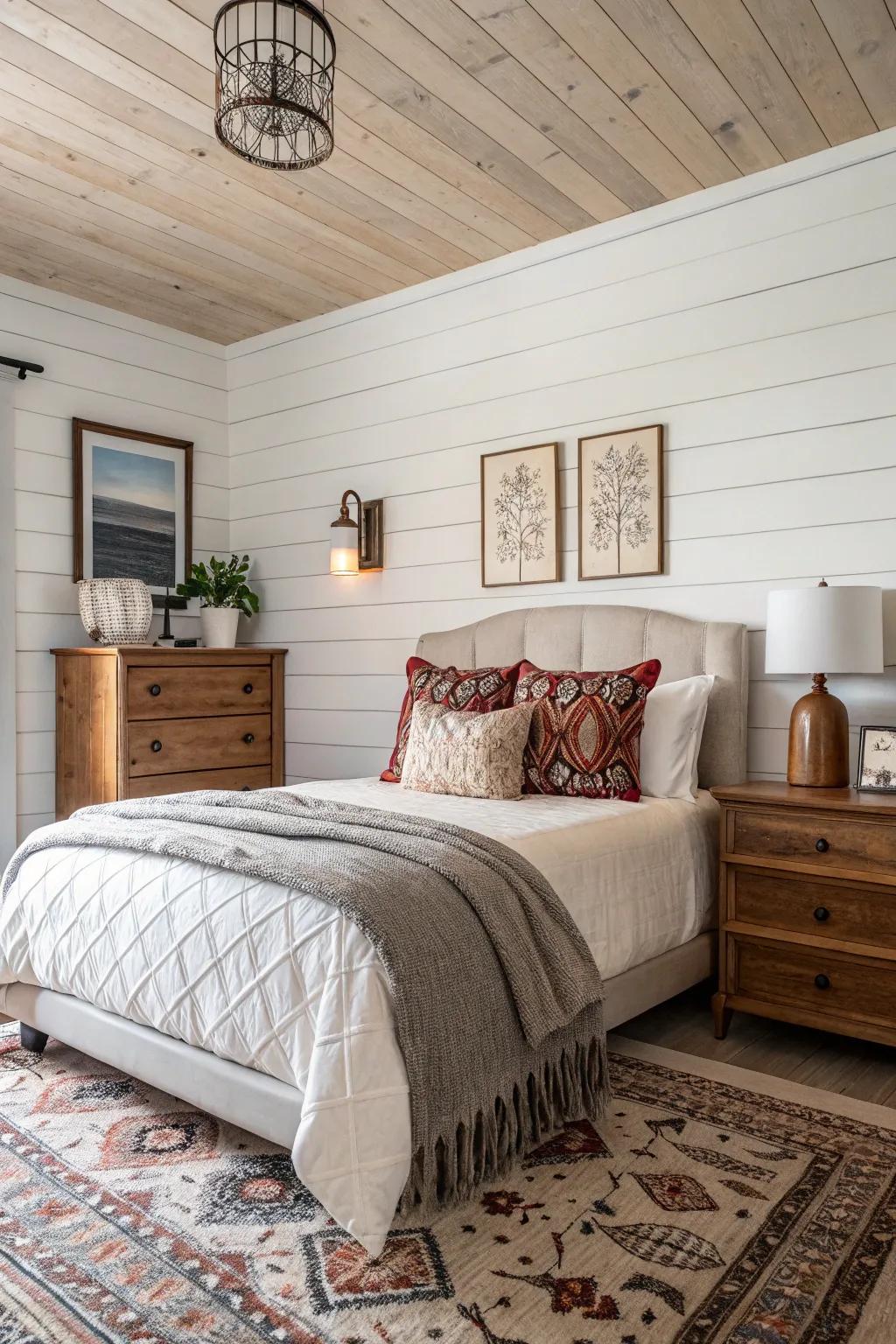 Shiplap paneling adds dimension and timeless appeal.