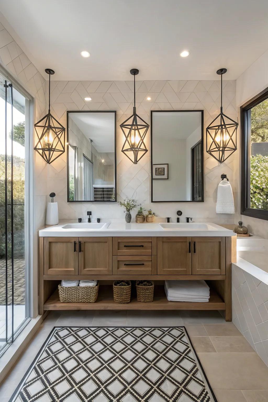 Geometric designs creating a bold look in bathrooms.
