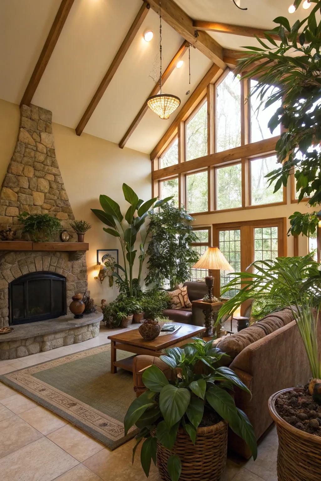 Nature-inspired elements like greenery bring warmth and life to this airy living room.
