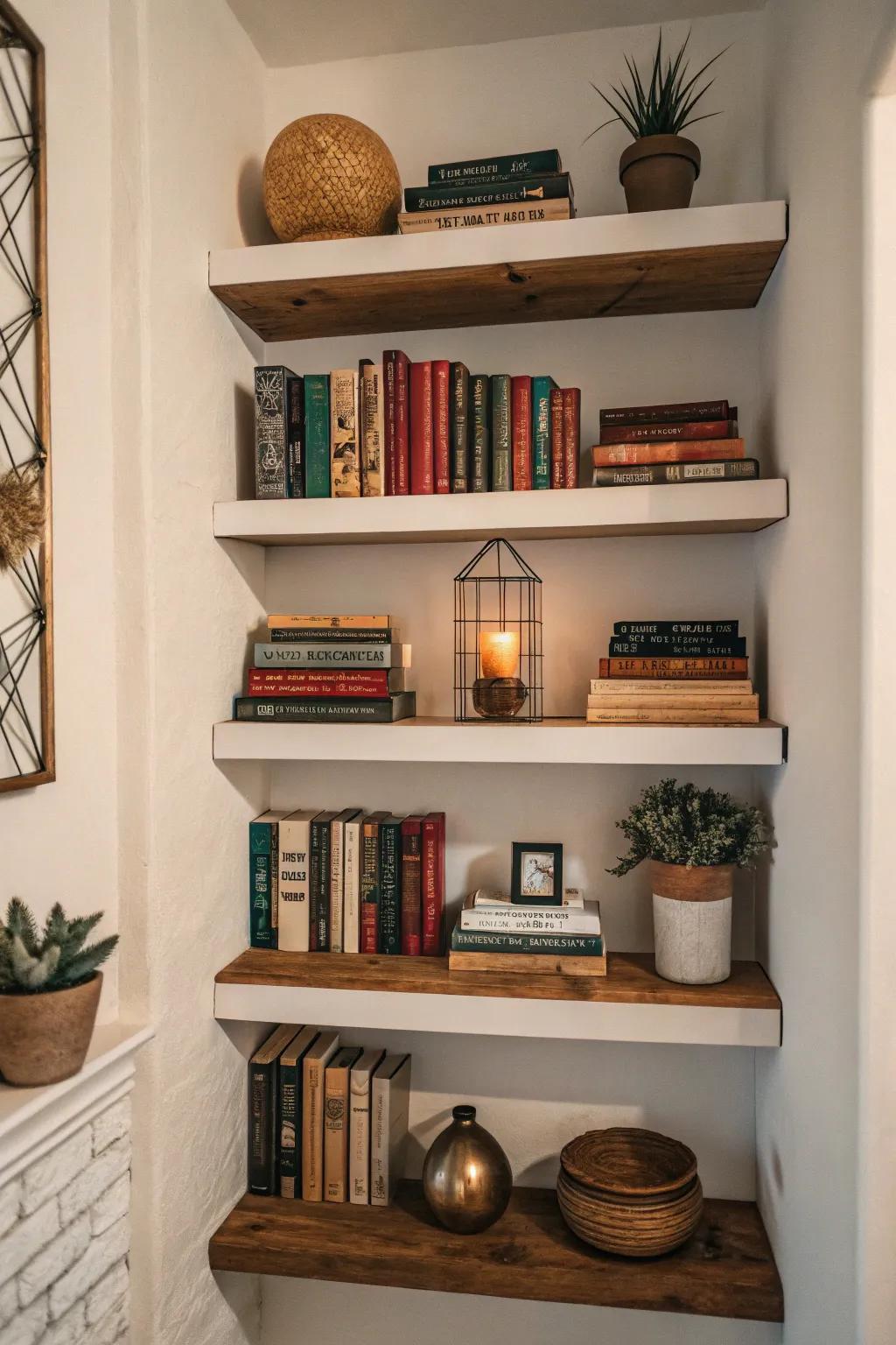 A wall niche fitted with floating ledges, beautifully displaying books and ornaments.