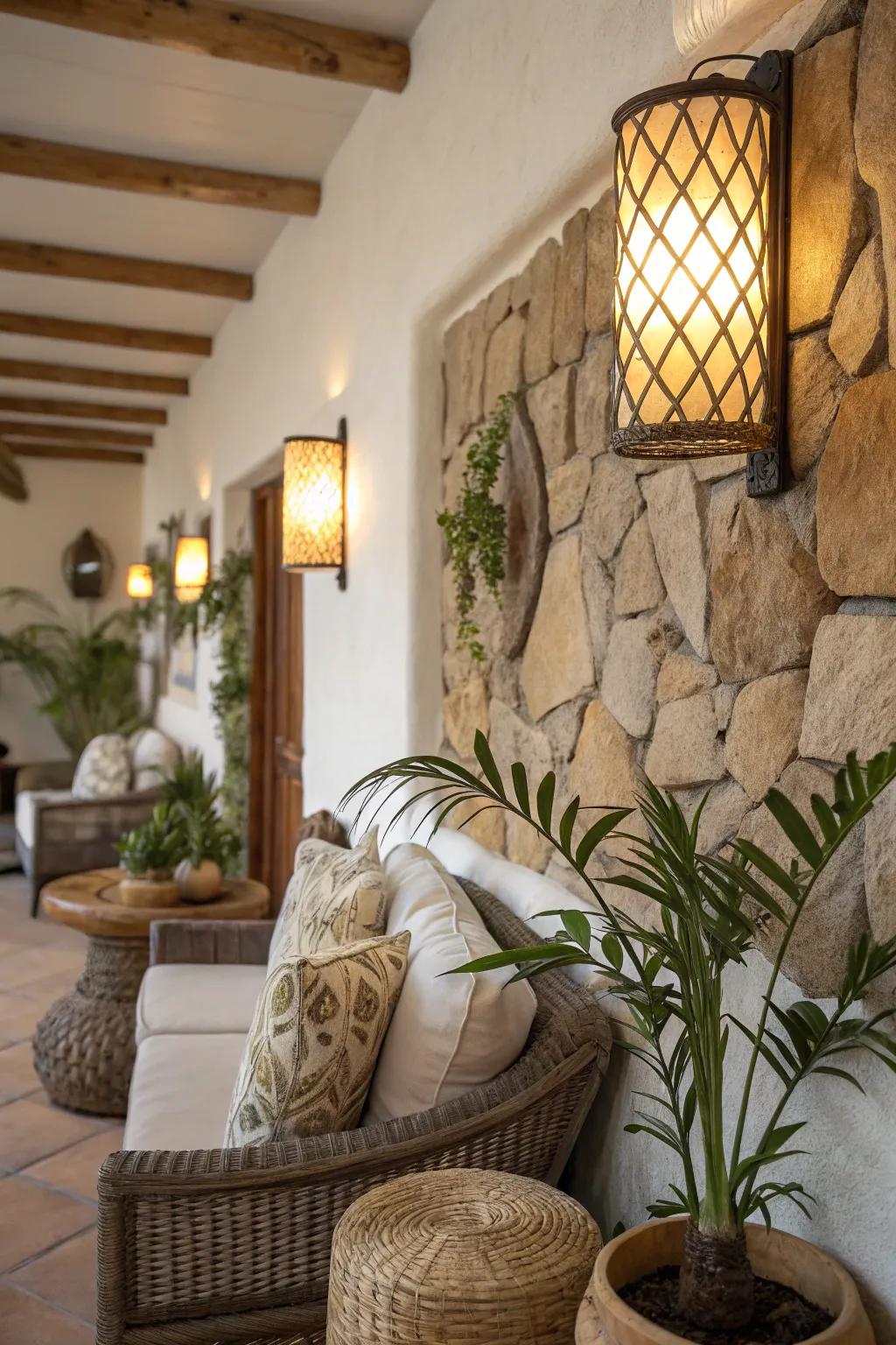 Raw textures in sconces insert a raw, calming sensation.