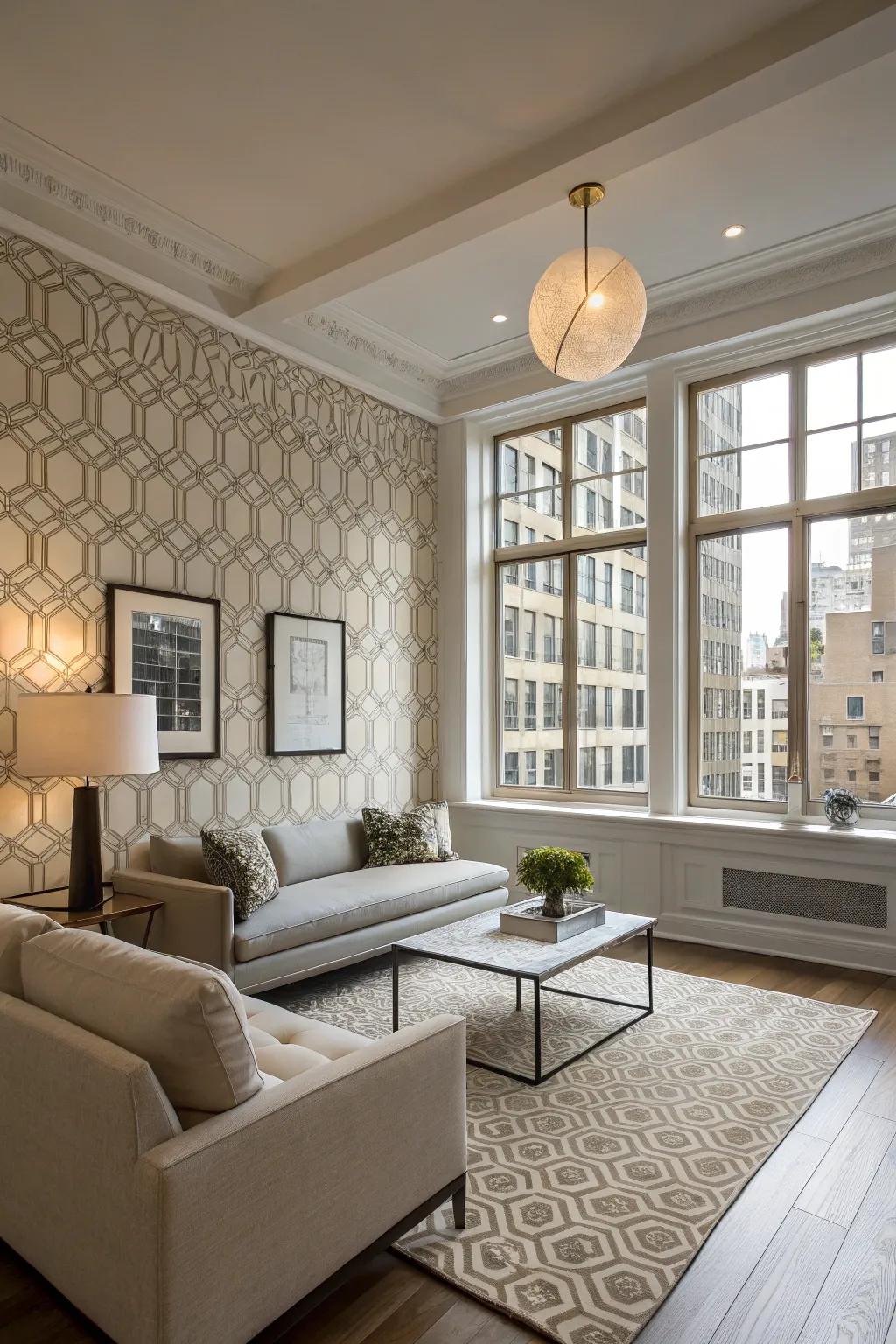 Stylish city wall covering in a modern apartment setting.