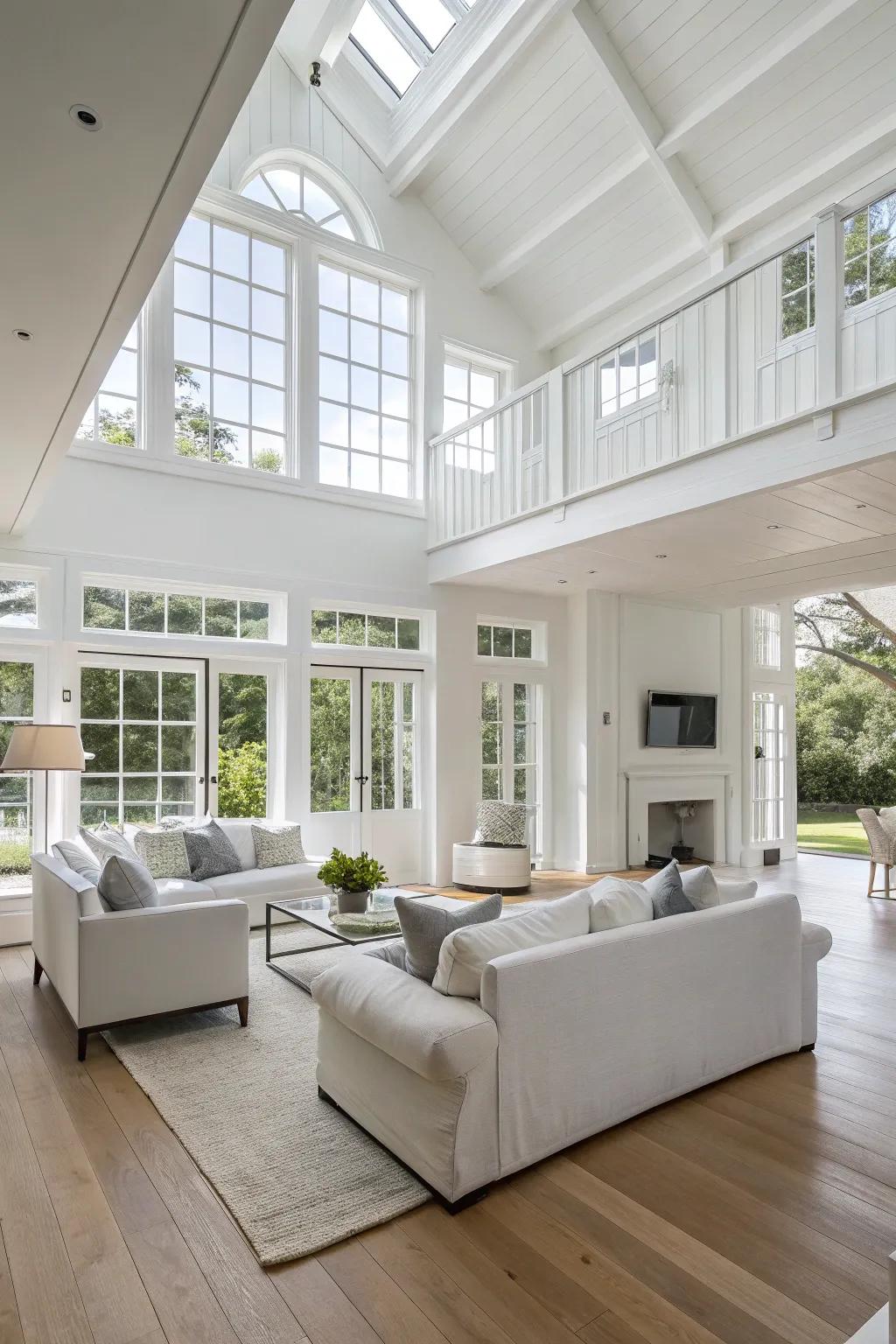 An open design enhances flow and spaciousness in a white living space.