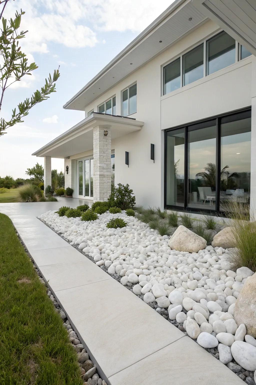 A contemporary home exterior beautifully blended with white stone landscaping for a unified look.