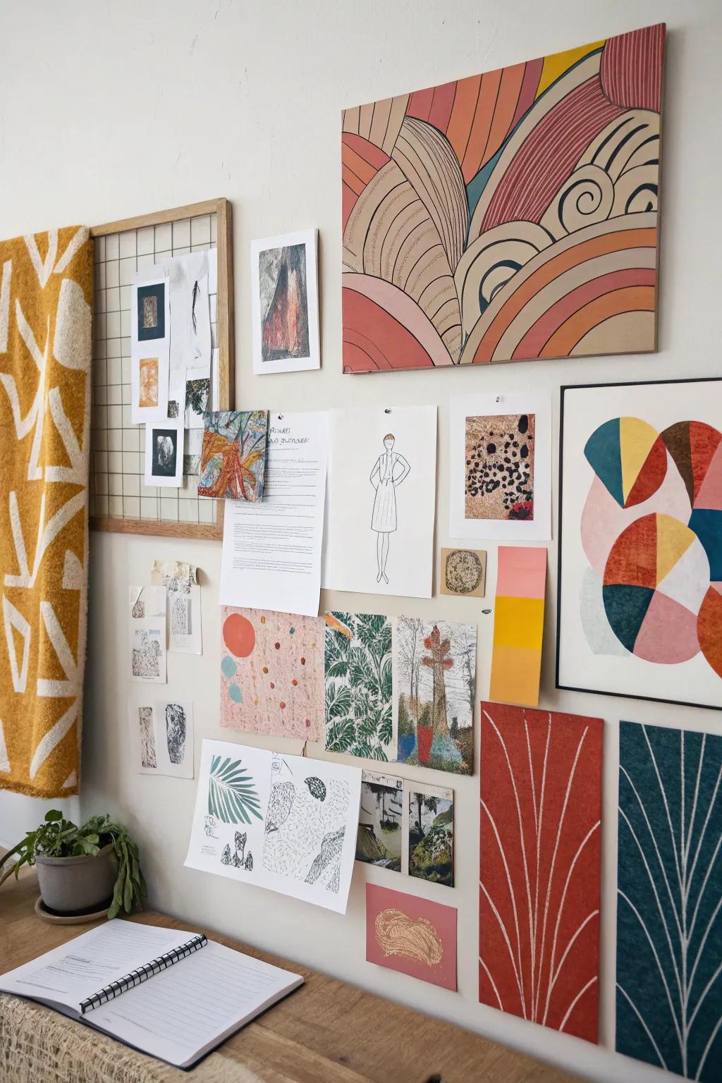 A creative mood board that shows off strong art and creative drawings.