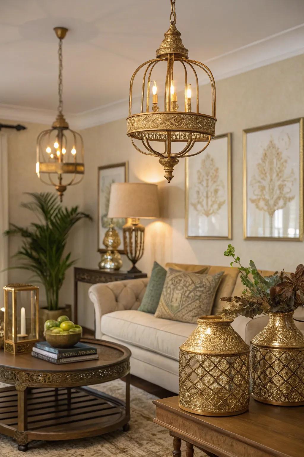 Metal accents adding elegance to a dimly lit living space.