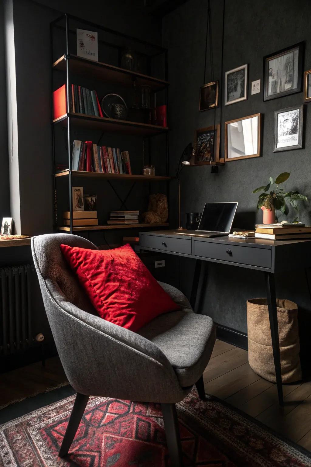 A striking accent contributes an amazing twist to the sophisticated office.