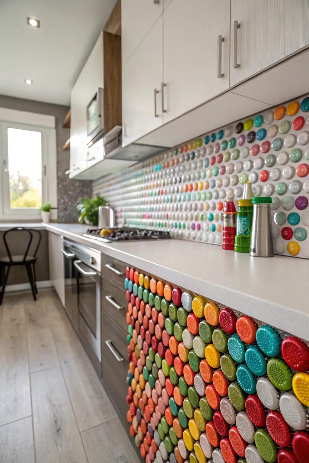 Container tops fashion a joyful and vibrant mosaic pattern.