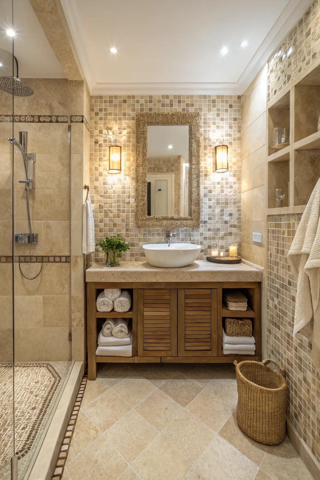 A serene bathroom with muted mosaic tiles radiating understated elegance.