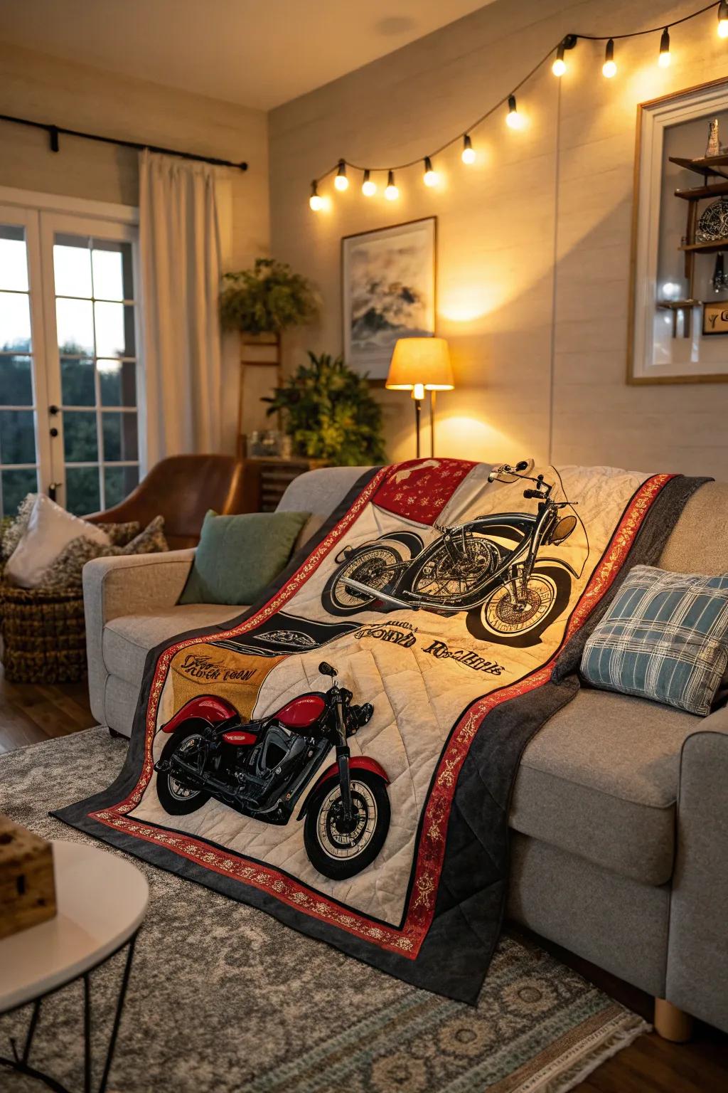 A comfortable quilt with motorcycle designs for warmth.